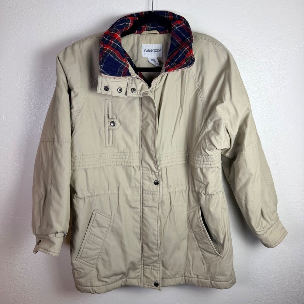 Vtg Cabin Creek Women's S Tan Utility Plaid Parka Barn Jacket Gorpcore Chore